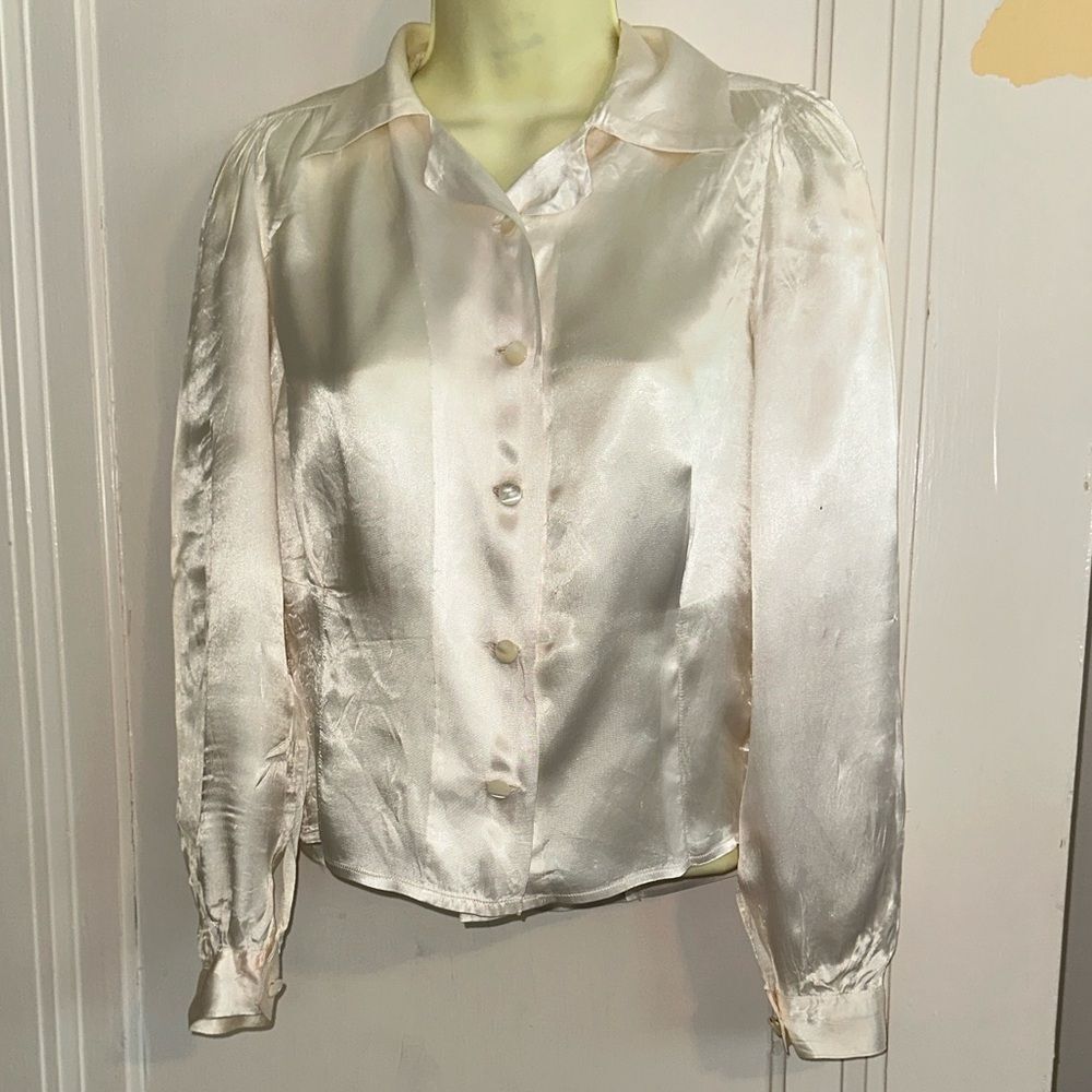 Vintage 70s/80s Handmade Cream/Ivory Shiny Satin Long Sleeve‎ Polyester Shirt